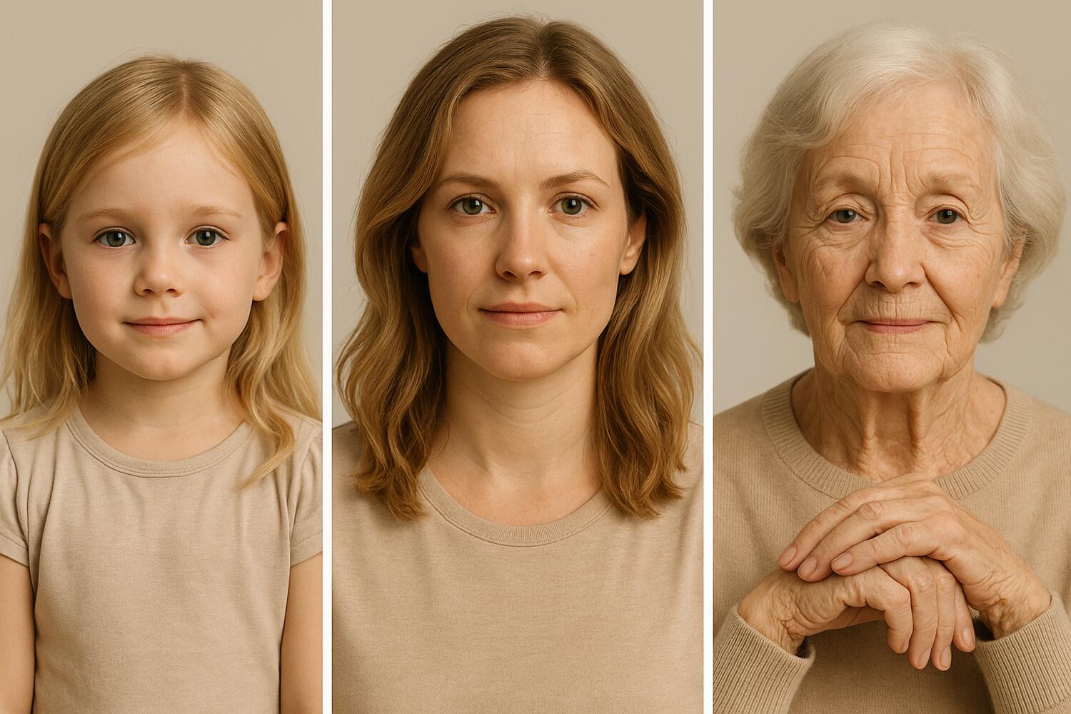 Stessa donna a 3 et&agrave; diverse (bambina, donna, anziana)