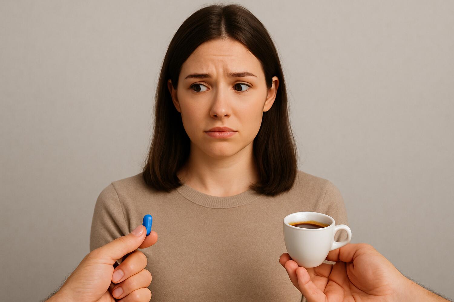 Ragazza che guarda dubbiosa la scelta tra una compressa e un caffè