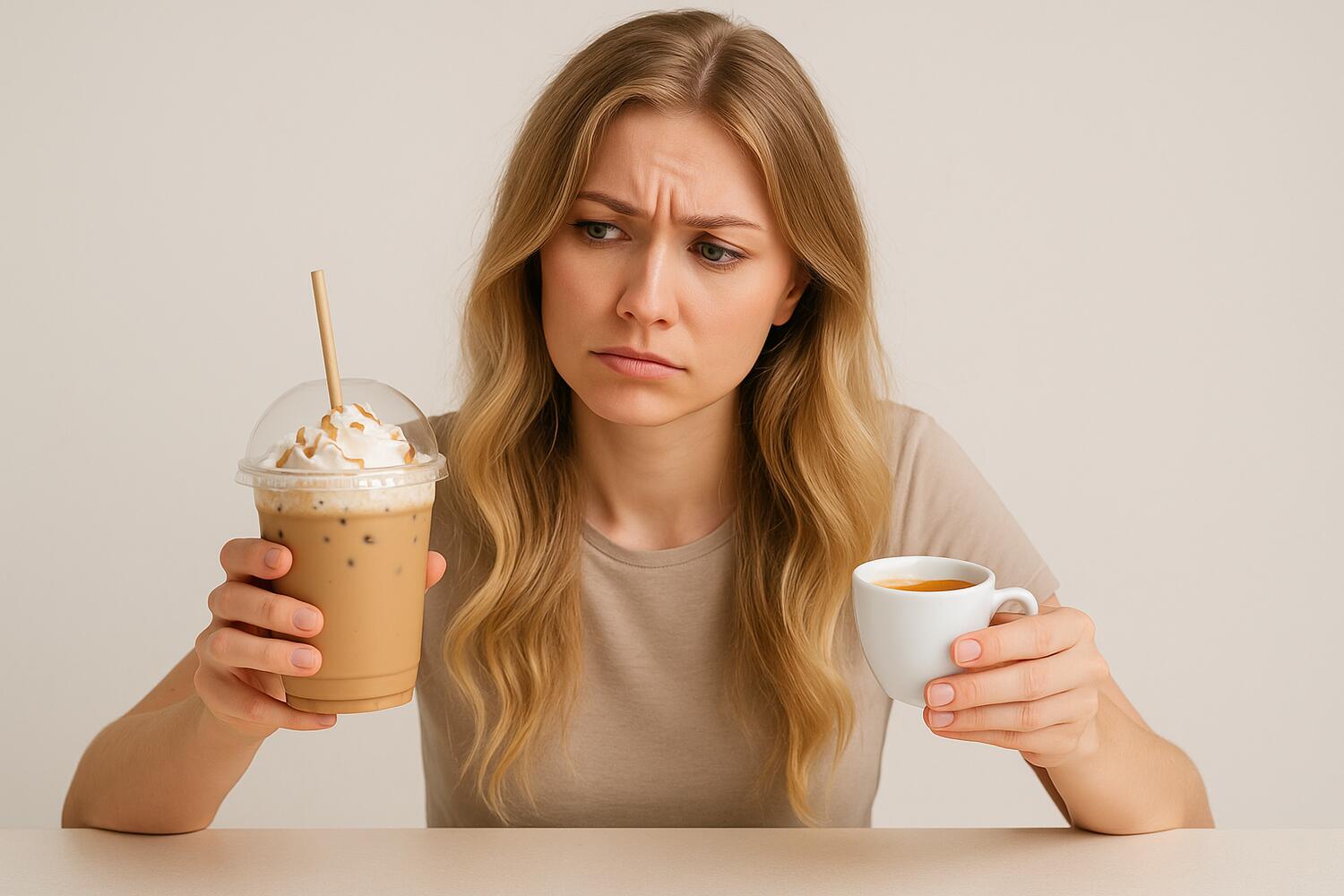 Ragazza in dubbio tra un caffè espresso un frappuccino