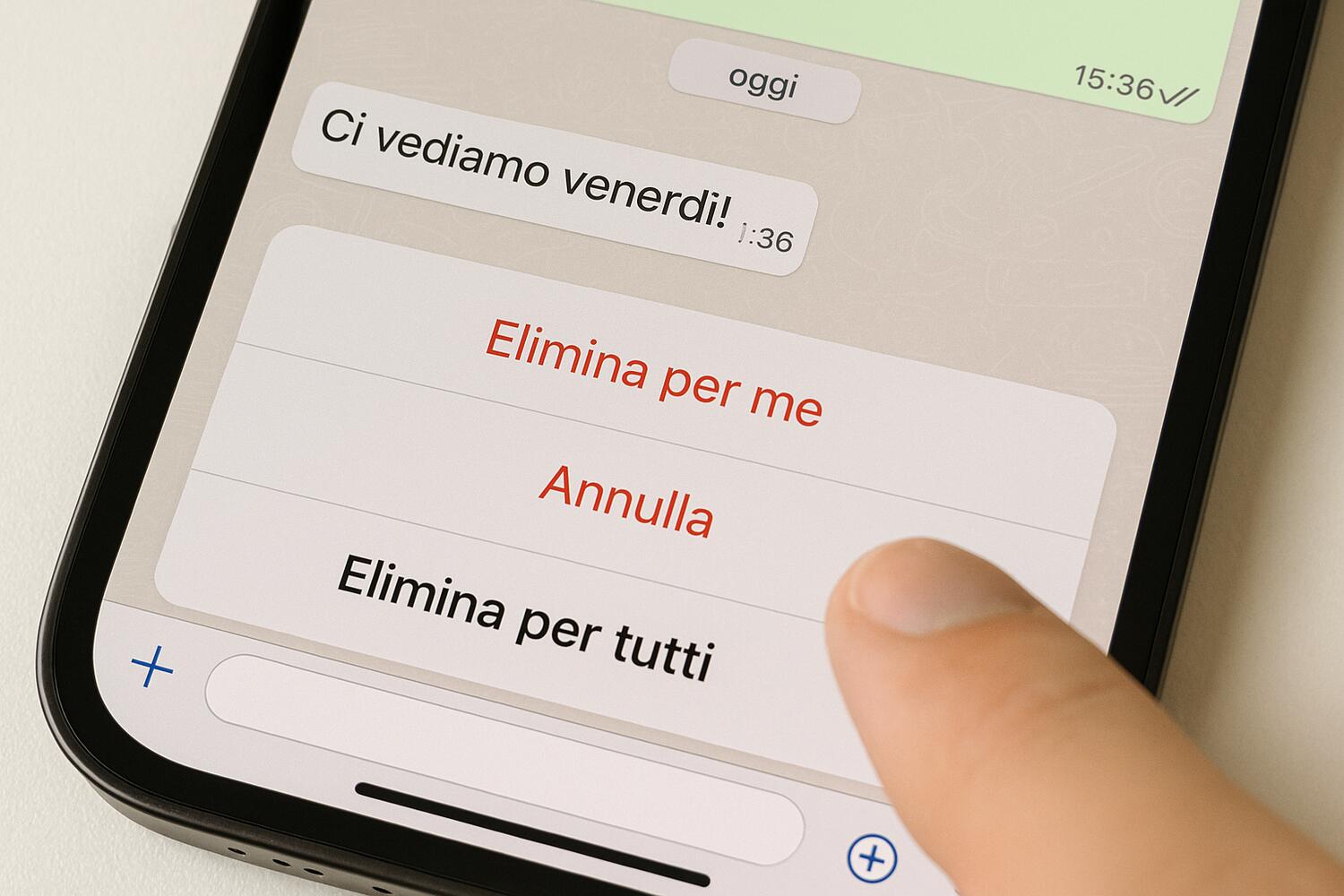 Dito che sta per cliccare "Elimina chat"