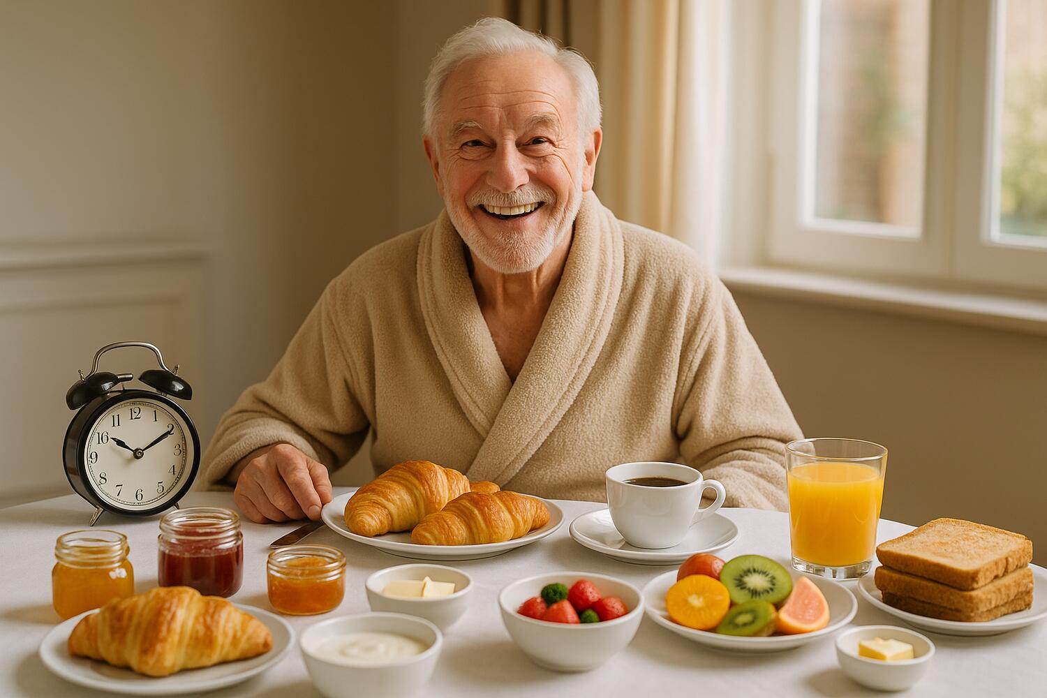 Anziano sorridente fa un'abbondante colazione alle 11