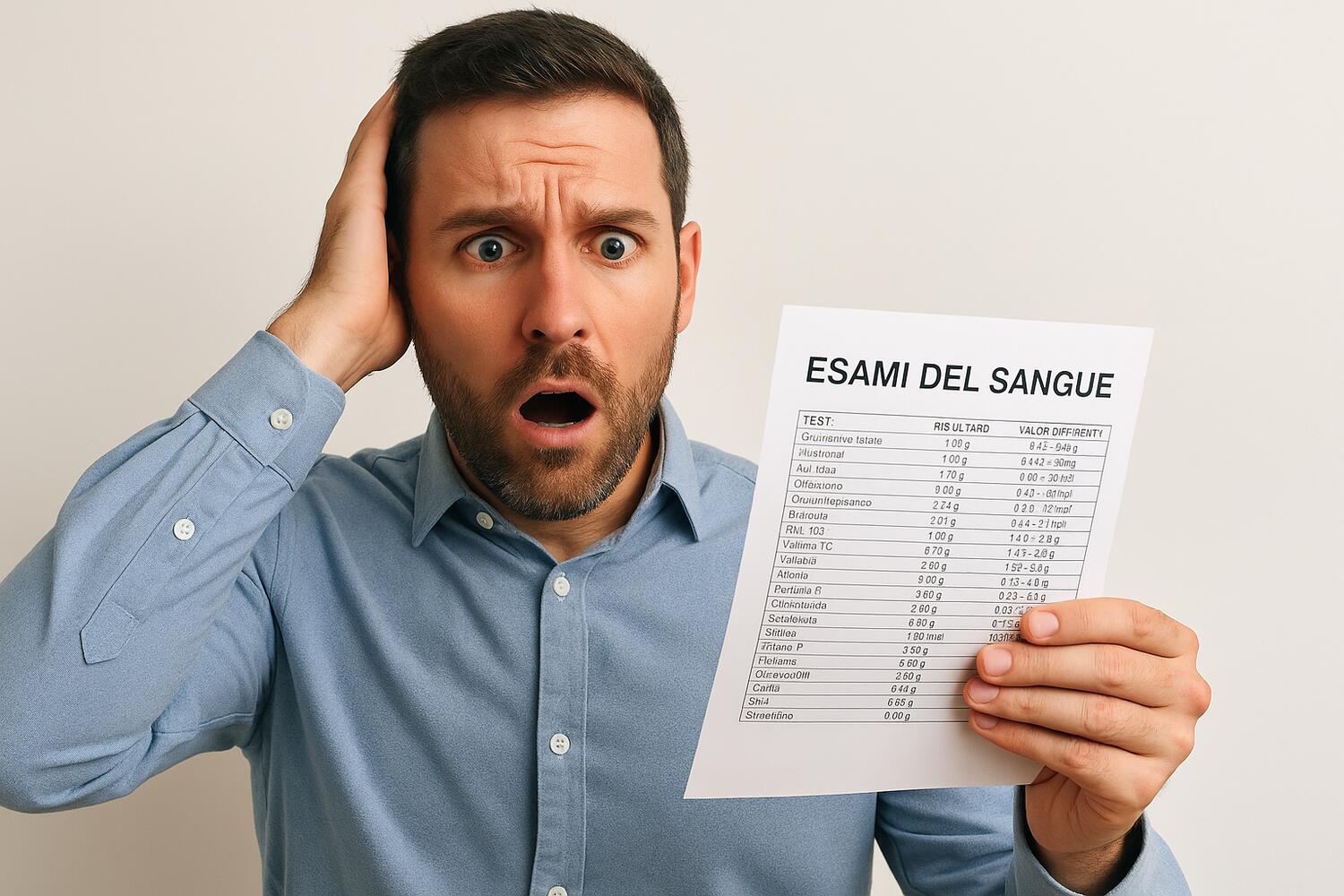 Uomo guarda preoccupato i propri esami del sangue