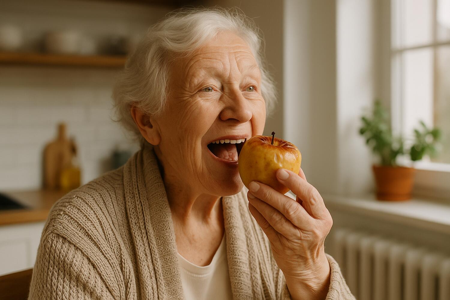 Nonnina che mangia una mela cotta