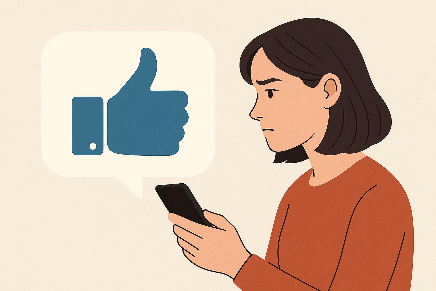 Immagine grafica concettuale in cui una donna cerca il pollice alzato sul telefono