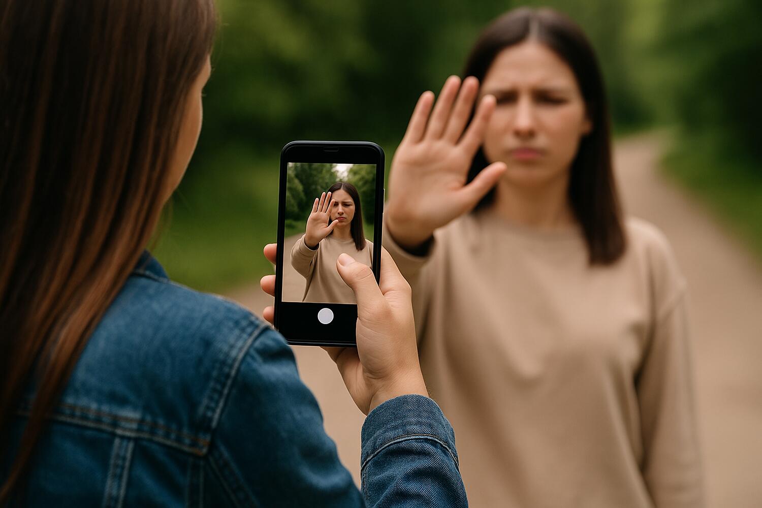 Ragazza che ferma l'amica che sta per fotografarla