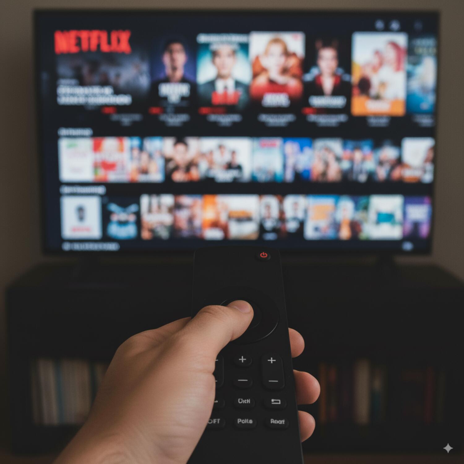 Mano sul telecomando di fronte alla home di Netflix