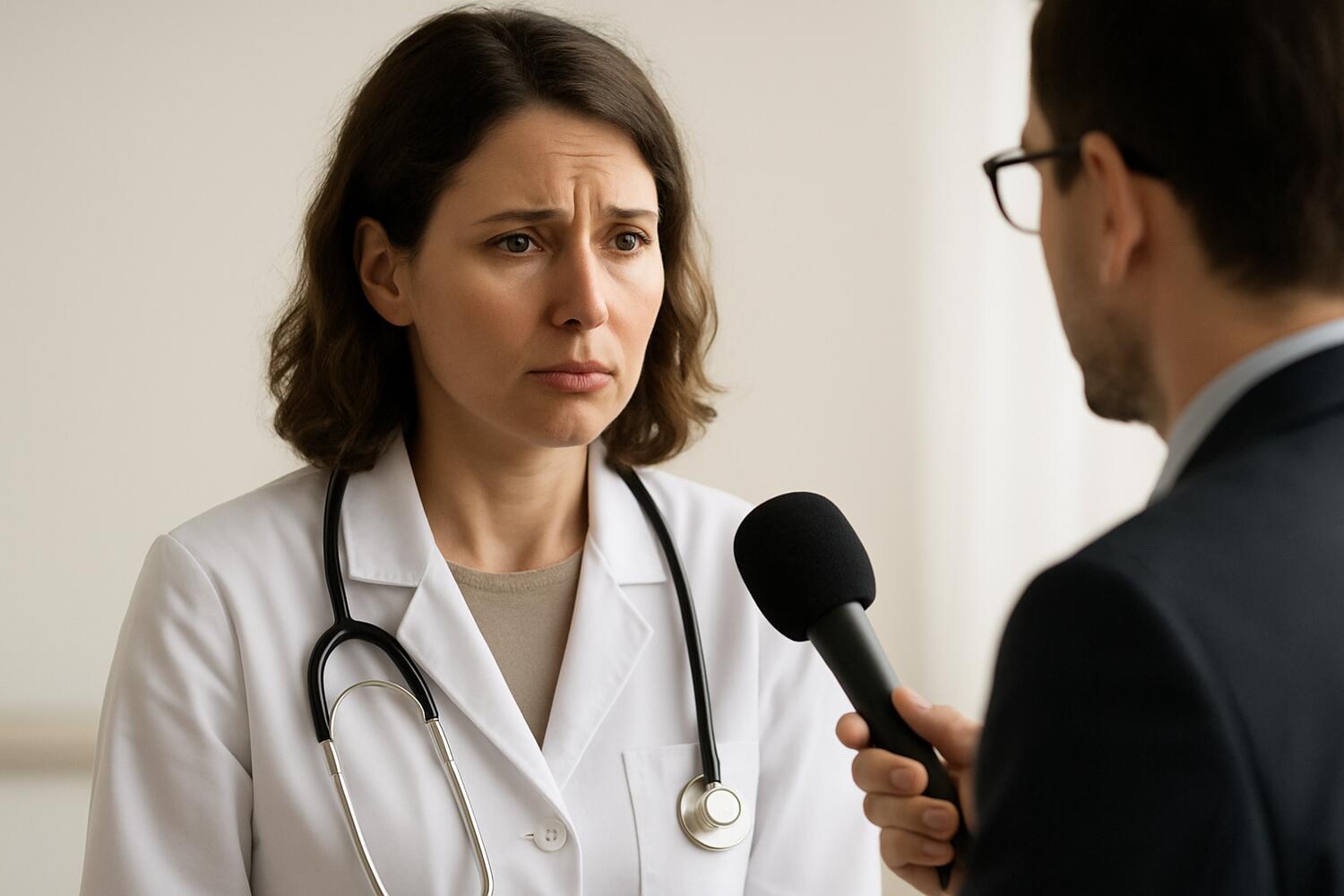 Medico donna preoccupata che risponde a un intervistatore.
