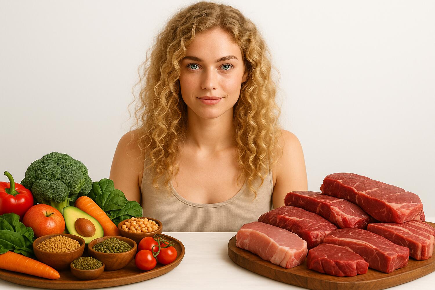 Ragazza di fronte a piatti vegetali da una parte e carne dall'altra