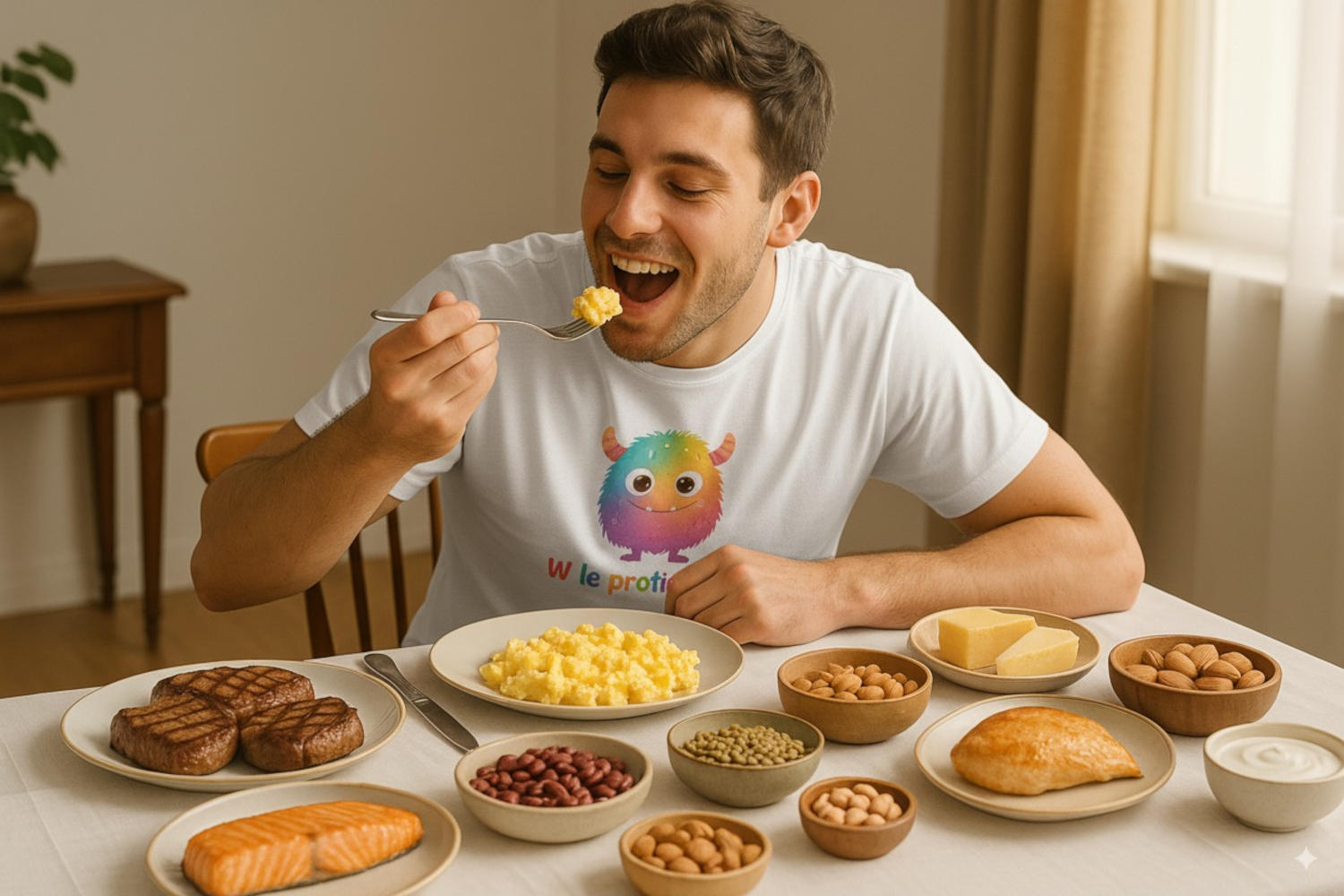 Uomo che mangia alimenti proteici