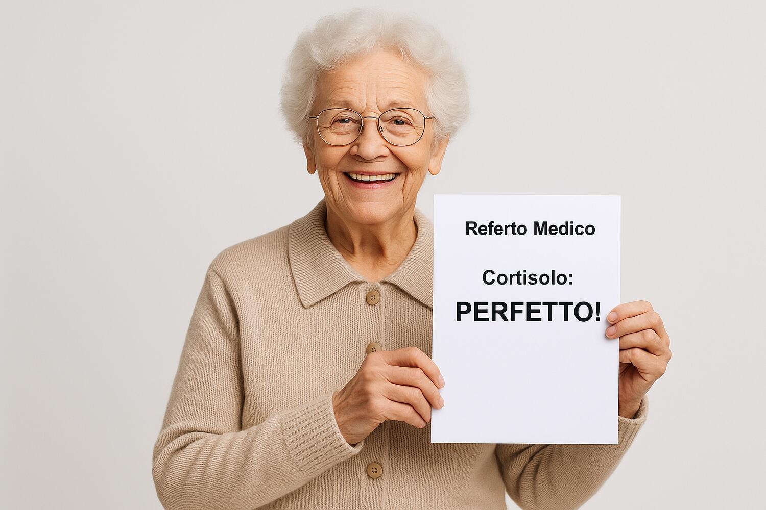 Donna anziana che sorride mostrando esami del cortisolo perfetti
