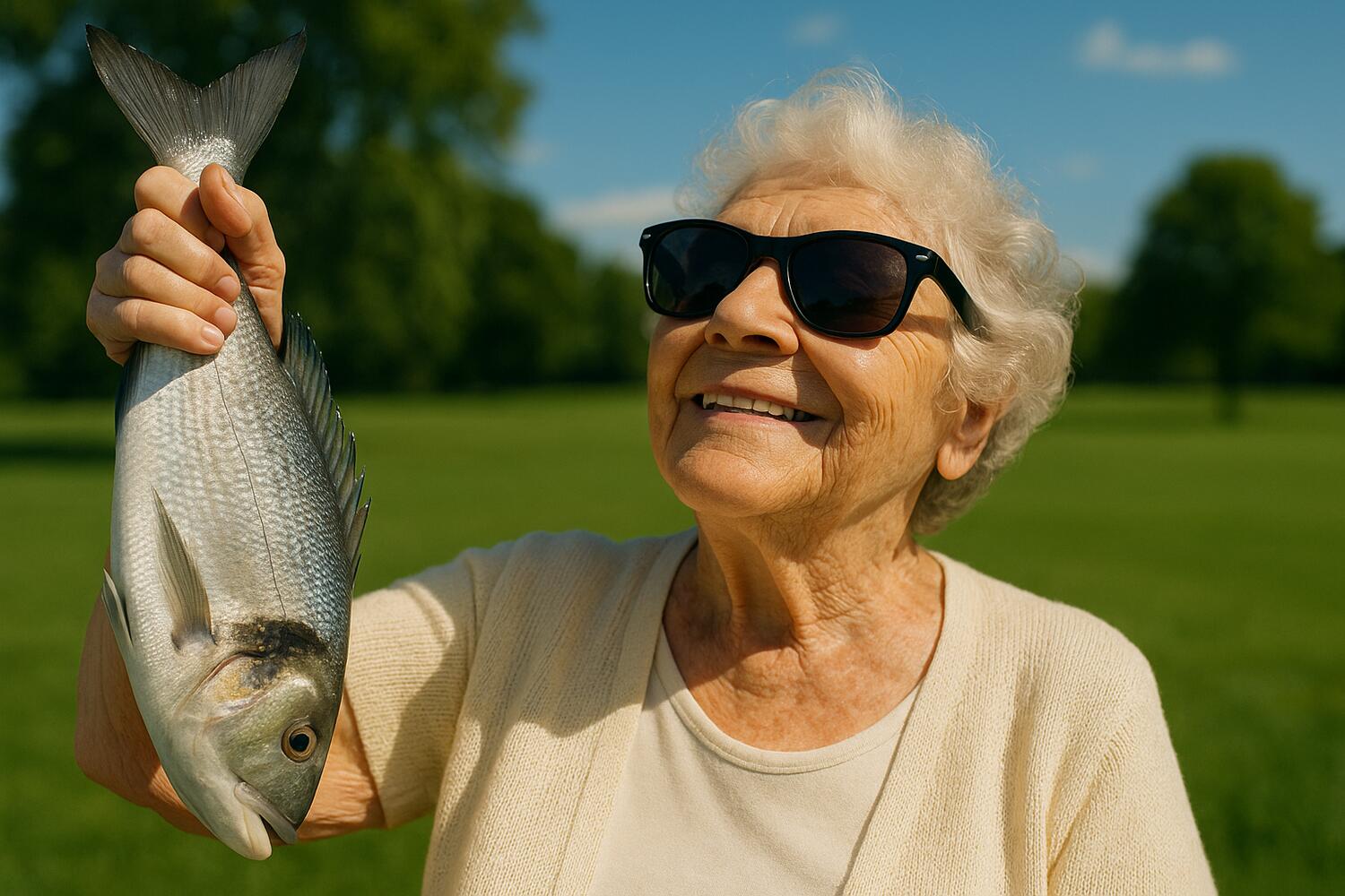 Anziana giovanile che si espone al sole tenendo un pesce per la coda