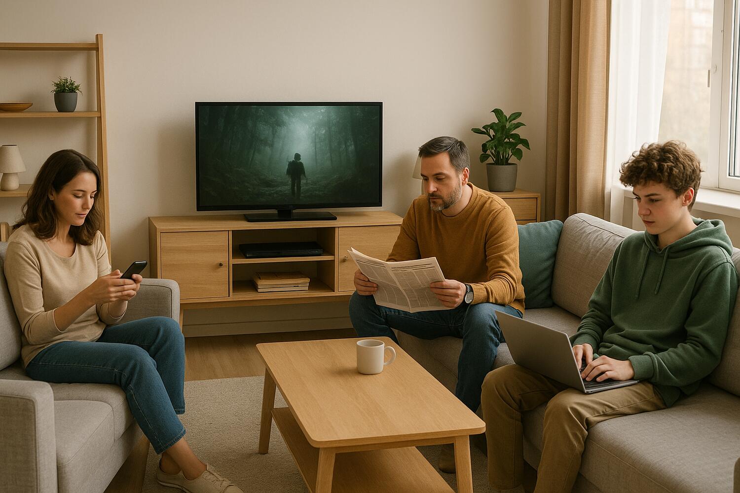 Famiglia concentrata sulle proprie attività, con la televisione accesa di fondo