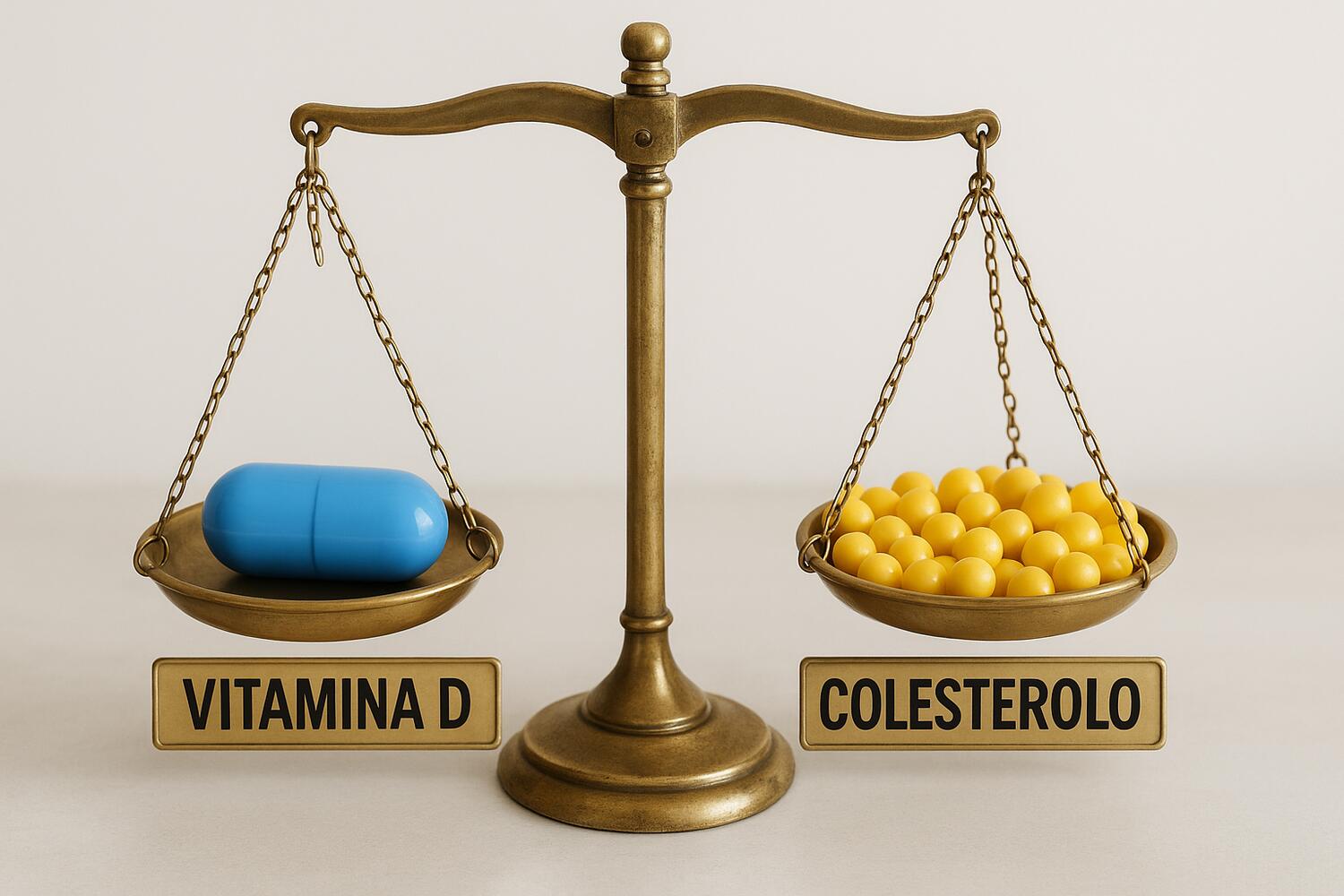 Immagine concettuale di un bilancino di precisione con capsula di vitamina D e  colesterolo.