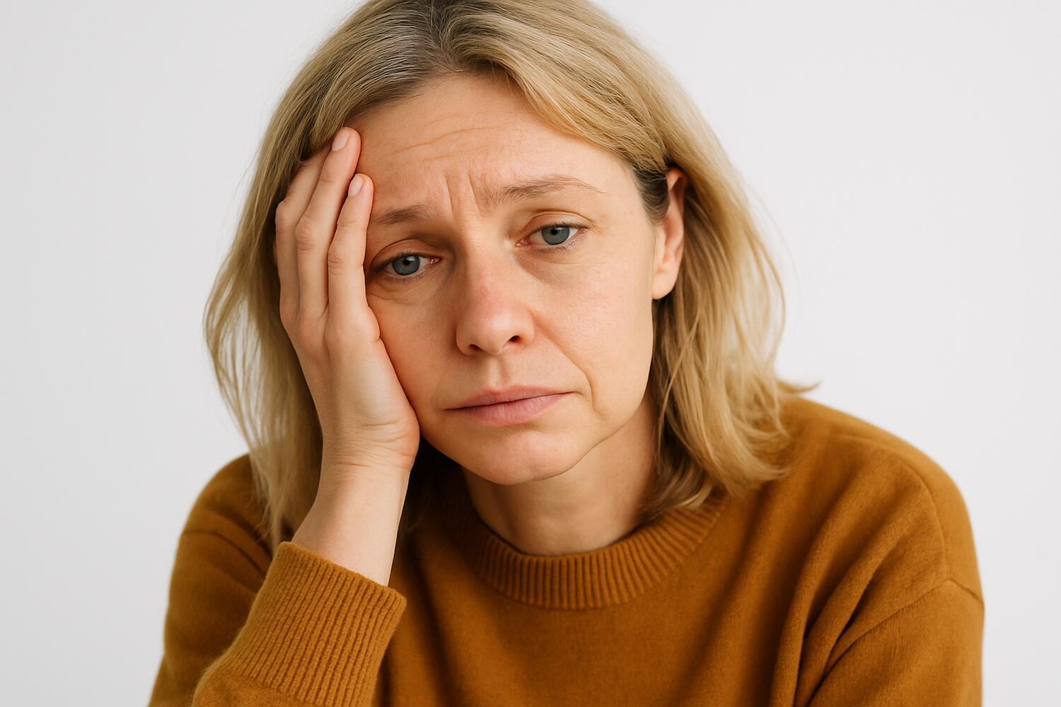 Donna visibilmente stanca, provata e depressa
