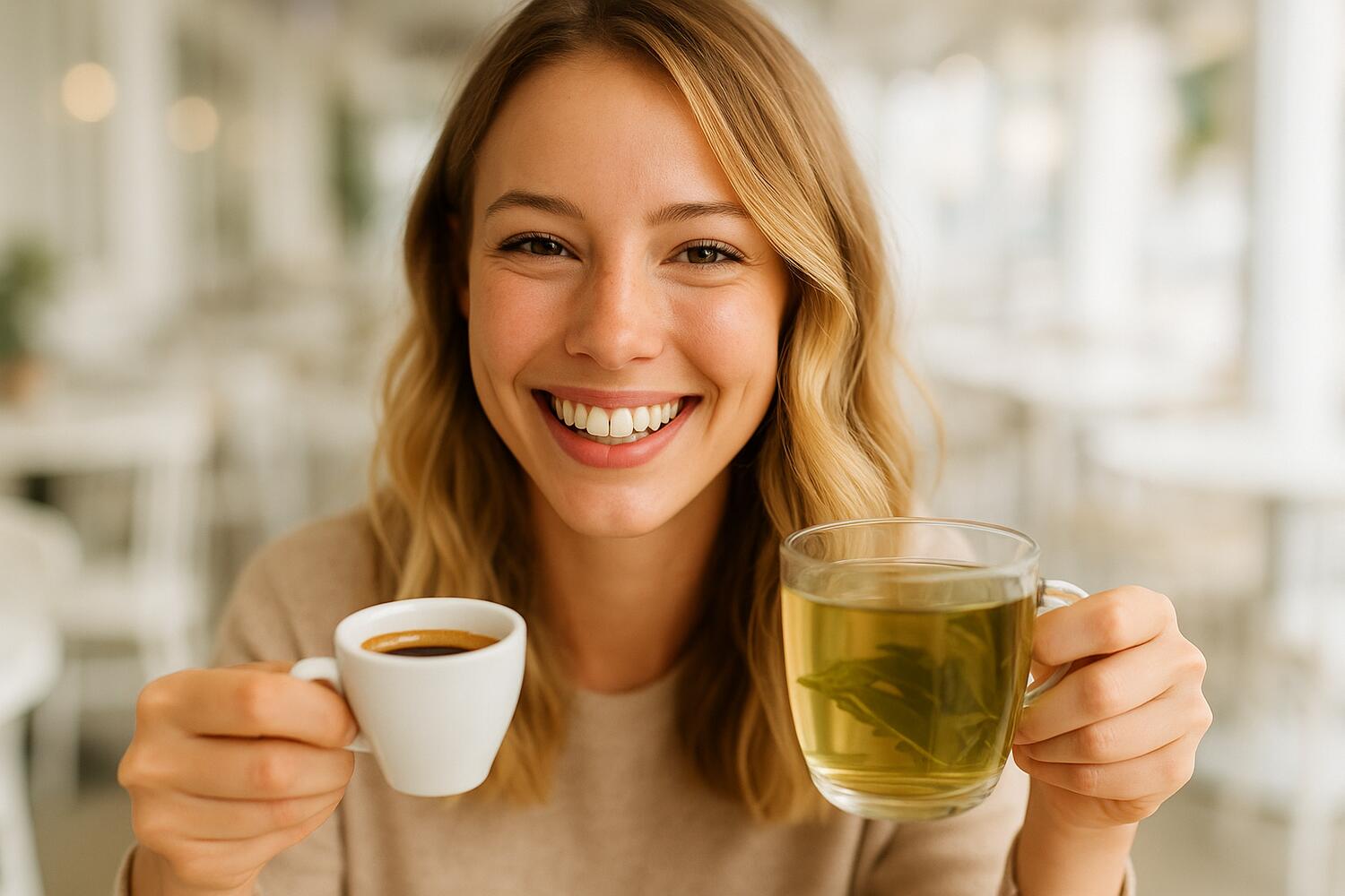Ragazza che mostra alla camera una tazza di caff&egrave; e una di t&egrave;