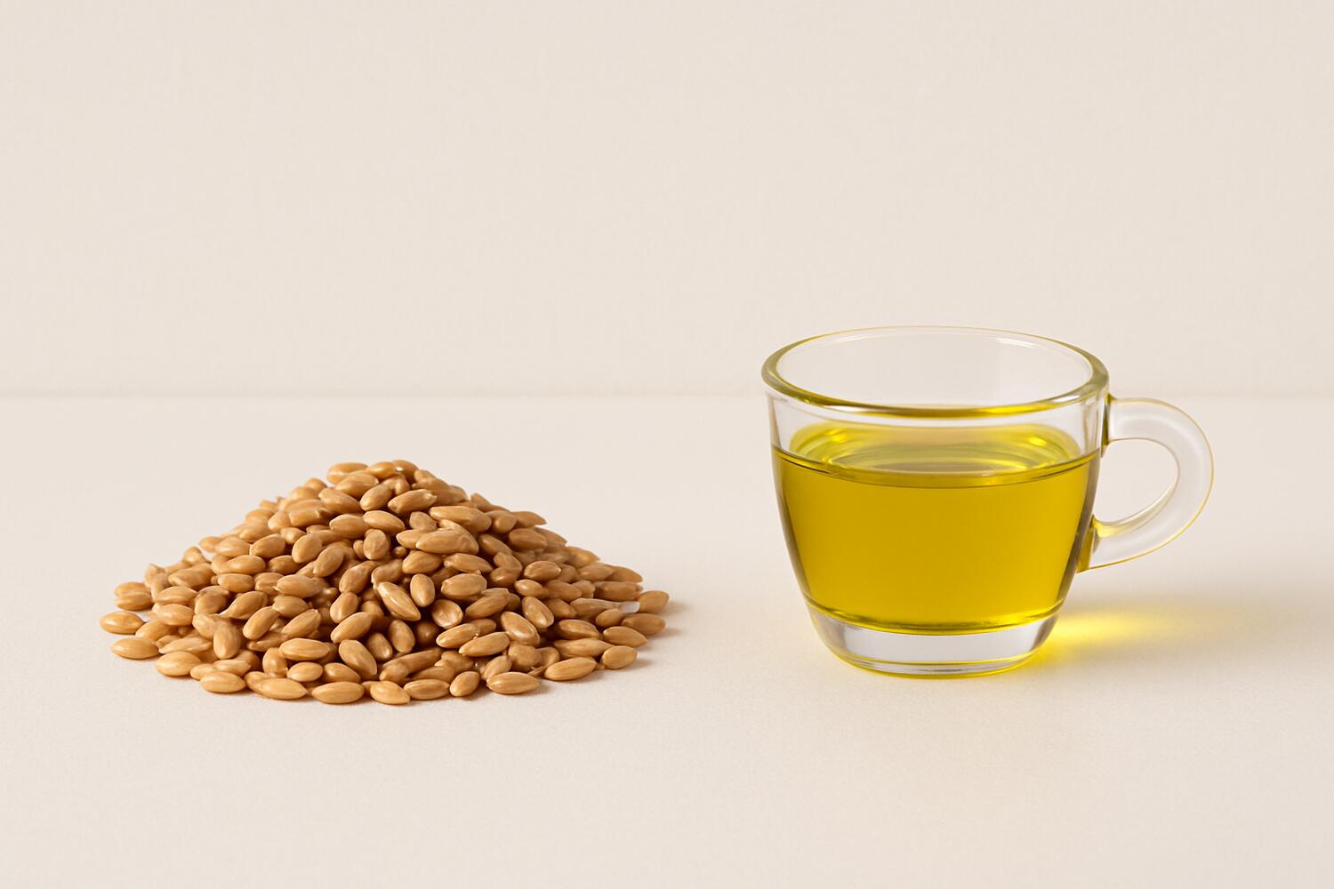 Un mucchietto di chicchi di grano e una tazzina di olio
