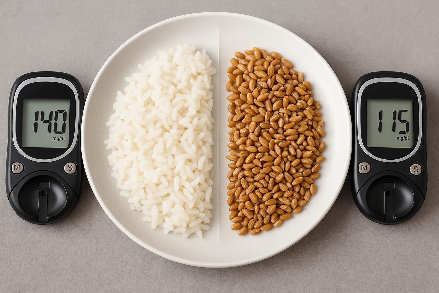 Piatto diviso a metà; a sinistra del riso bianco e accanto un glucometro che segna 140 mg/dL, a destra farro integrale e un un glucometro che segna 115 mg/dL.