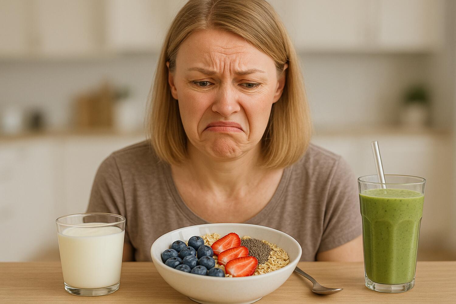 Ragazza disgustata di fronte a una colazione sana