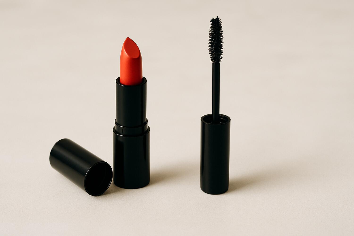 Rossetto e mascara aperti sul tavolo
