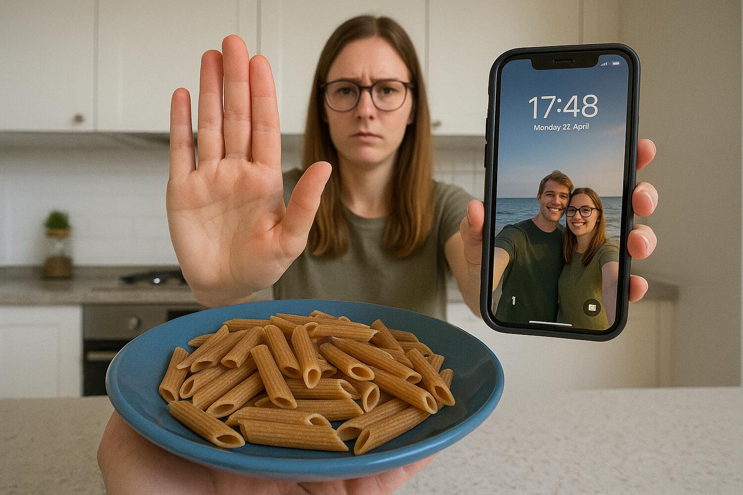 In primissimo piano un piatto di pasta integrale spinto in avanti da una ragazza che lo rifiuta con una mano e con l'altra fa vedere il suo cellulare che mostra l'orario.