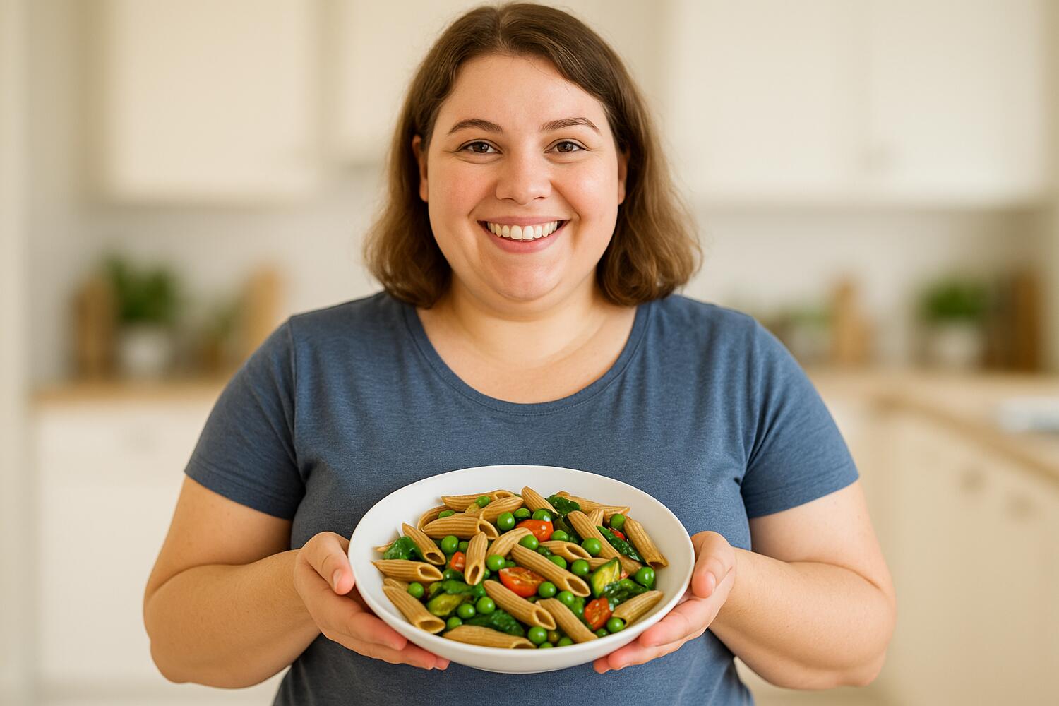 Ragazza in sovrappeso che mostra un'insalata di pasta integrale con piselli e verdura