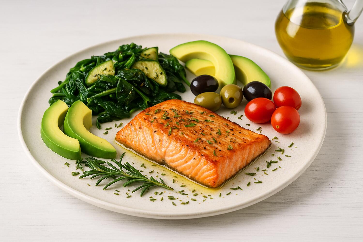Piatto con verdura, avocado e salmone