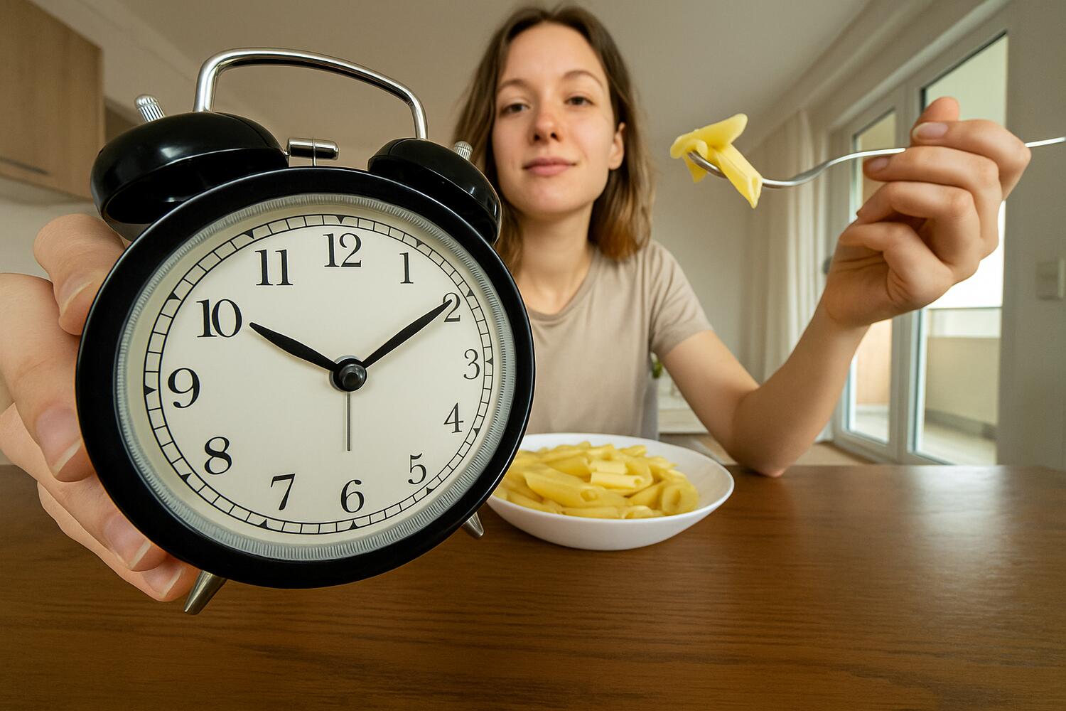 Ragazza che mostra alla camera una sveglia mentre mangia
