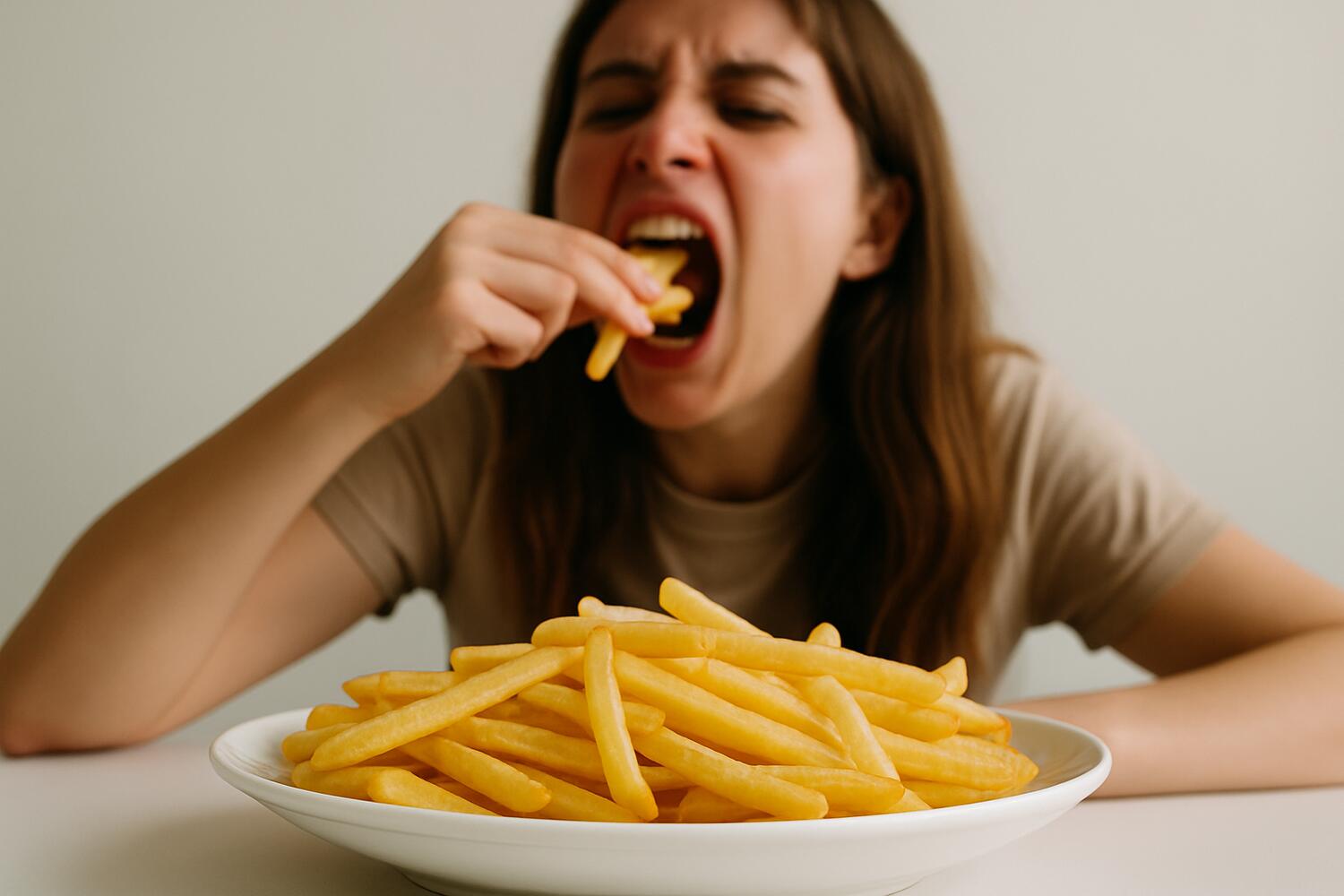 Ragazza che mangia voracemente un piatto di patatine fritte