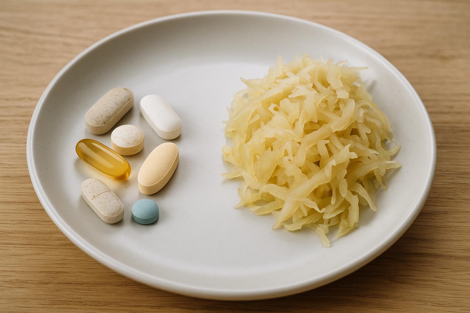 Piatto con farmaci da una parte e crauti dall'altra