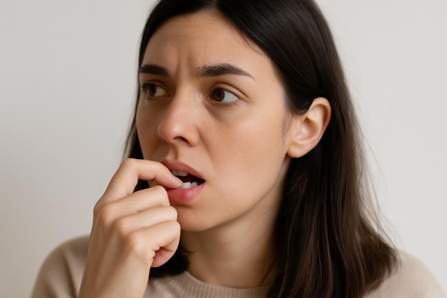Donna che porta distrattamente la mano alla bocca