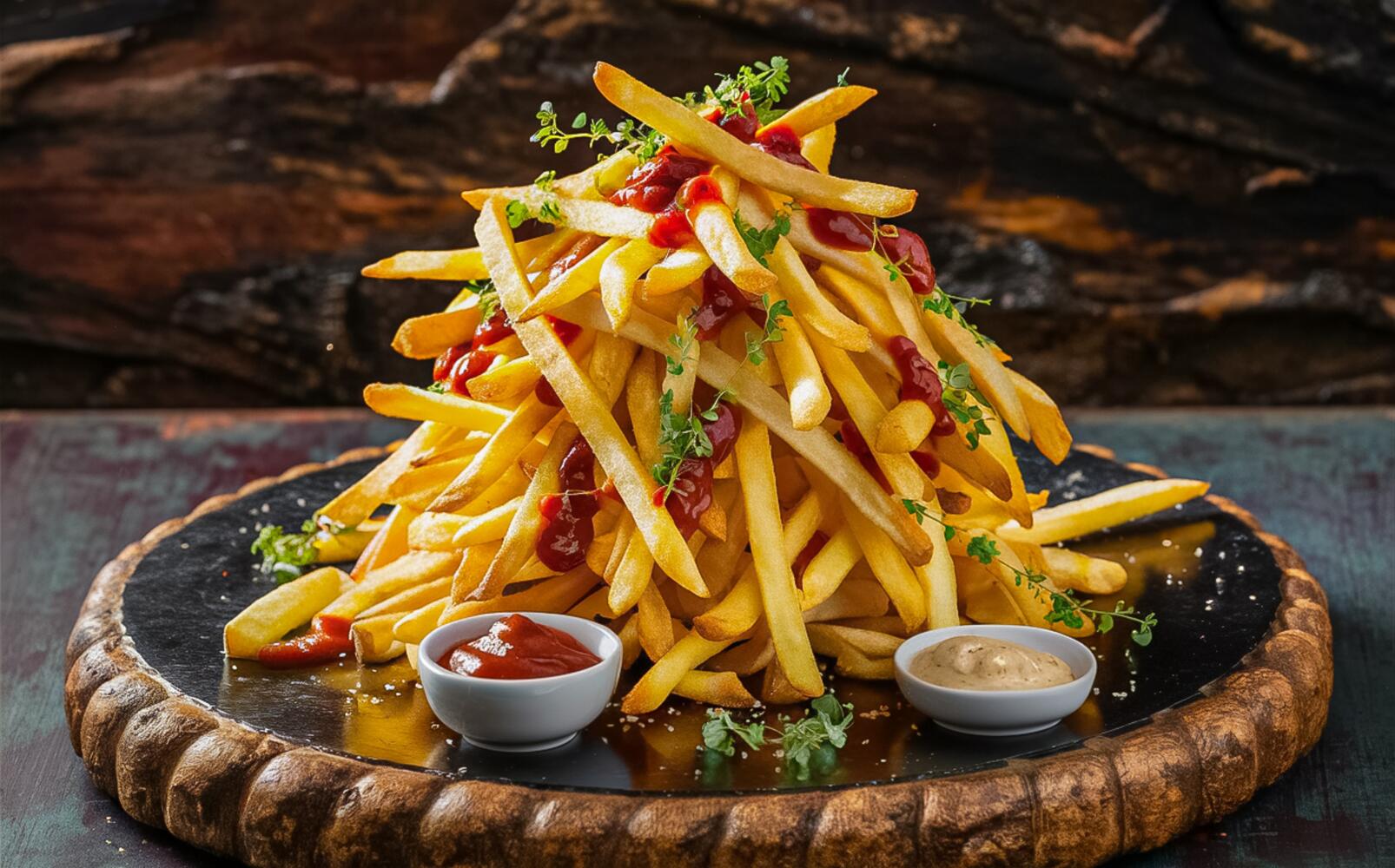 Montagna di patatine fritte e di fronte ketchup e maoonese
