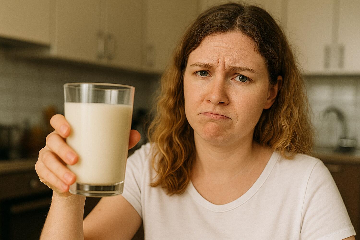 Ragazza che mostra alla camera un bicchiere di latte d'avena