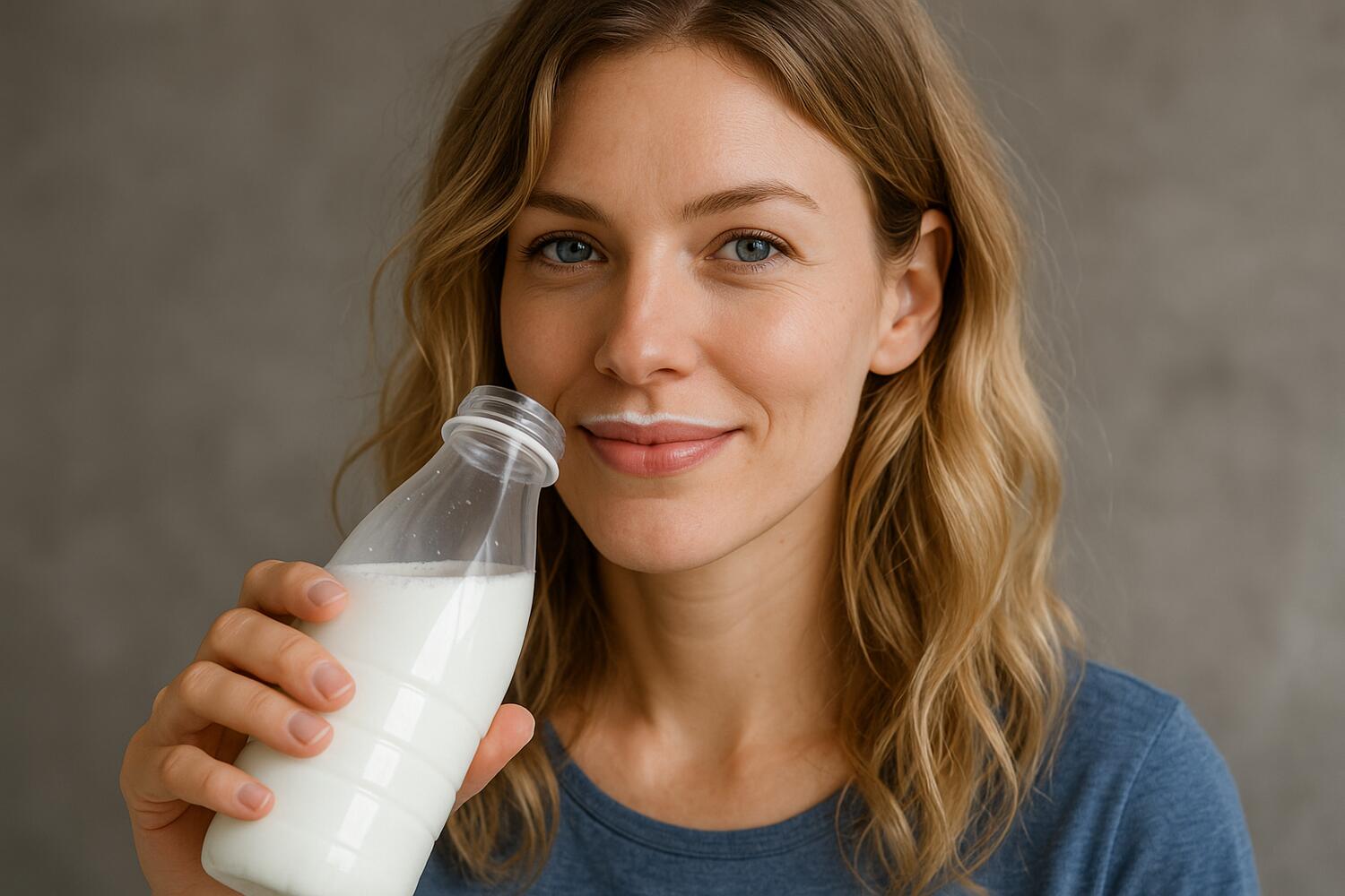 Ragazza che beve del latte dalla bottiglia
