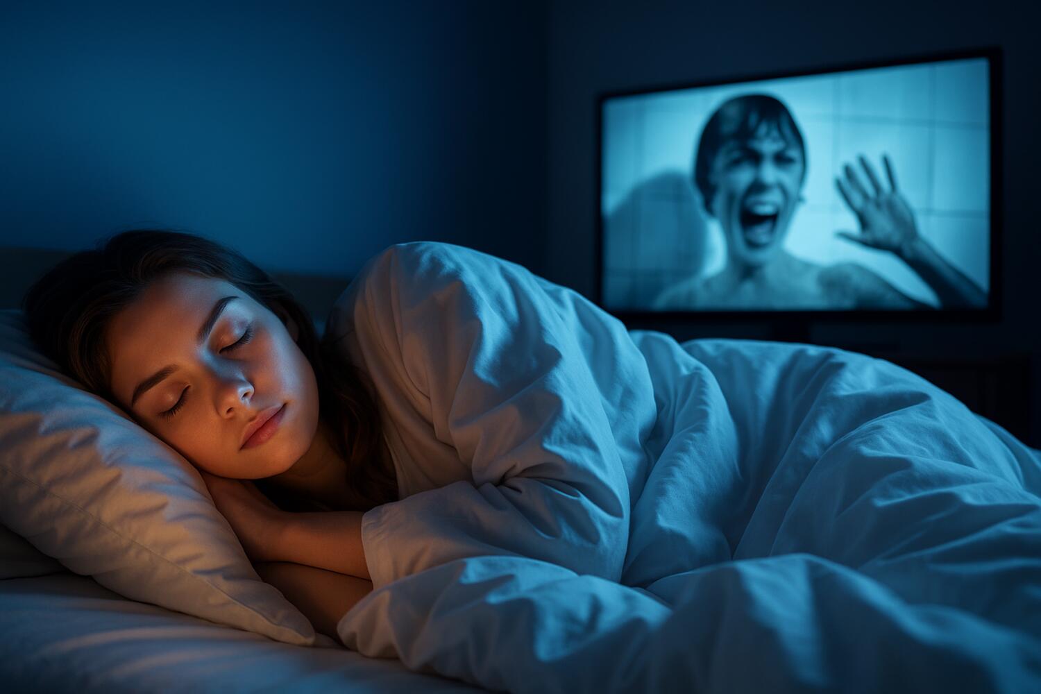 Ragazza dorme con una luce e la televisione accesa