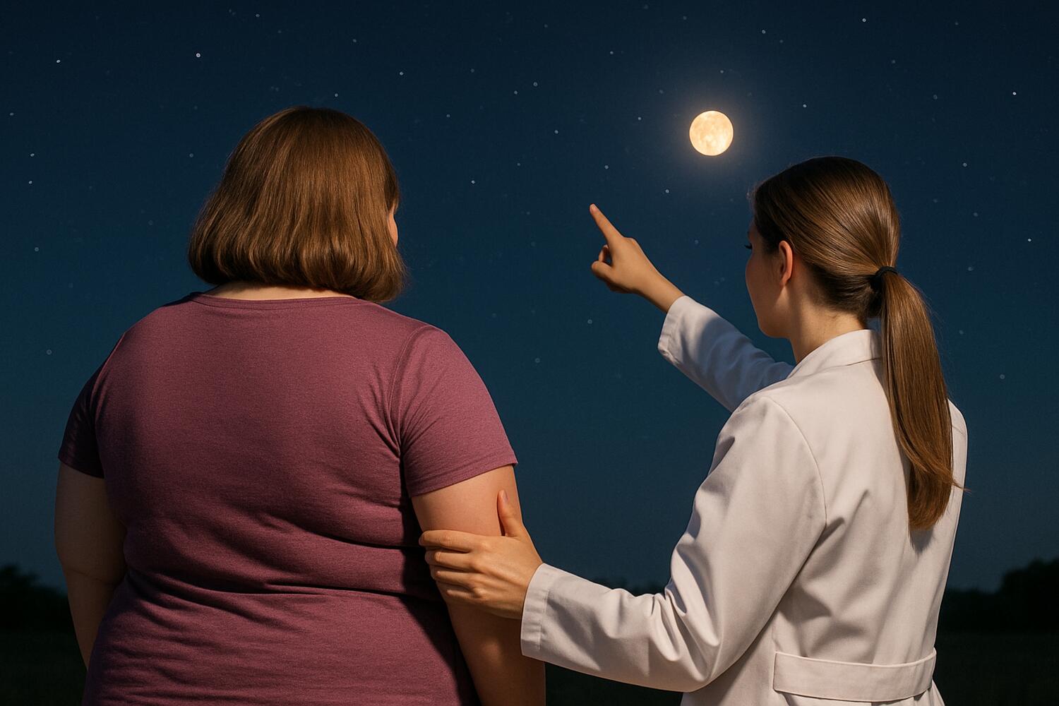 Nutrizionista indica la luna a una ragazza in sovrappeso