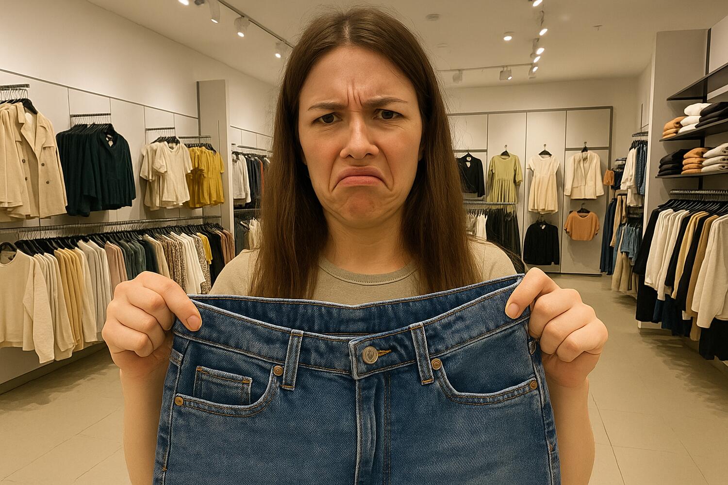 Ragazza con sguardo disgustato che mostra un paio di jeans