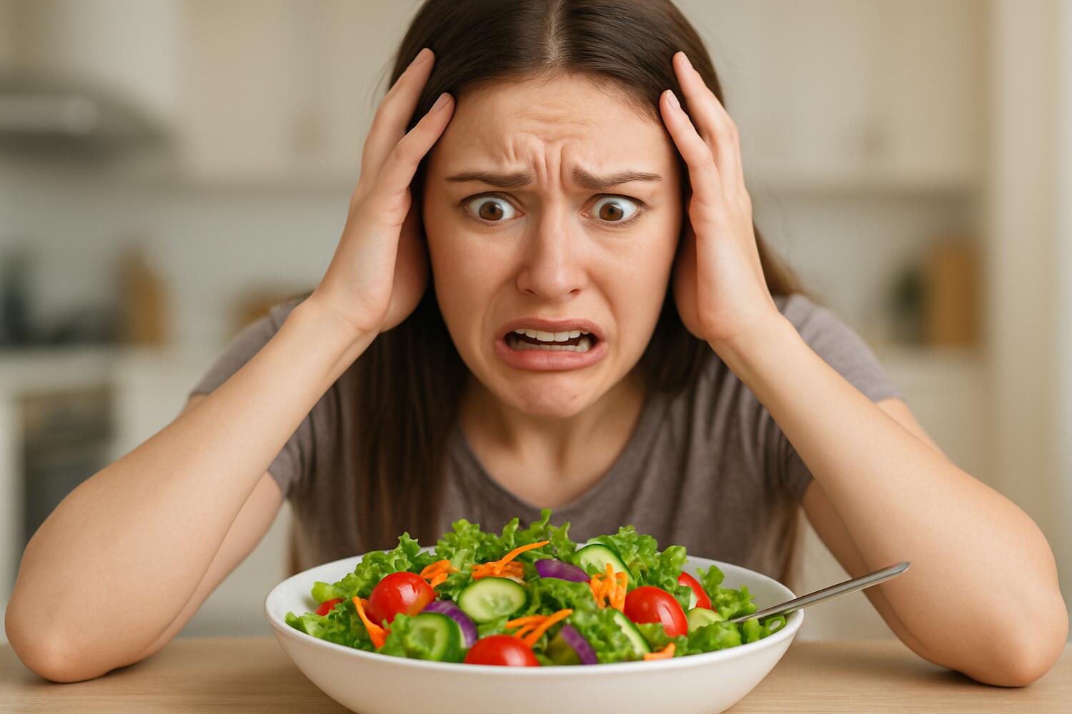 Ragazza con sguardo stressato di fronte a un'insalata