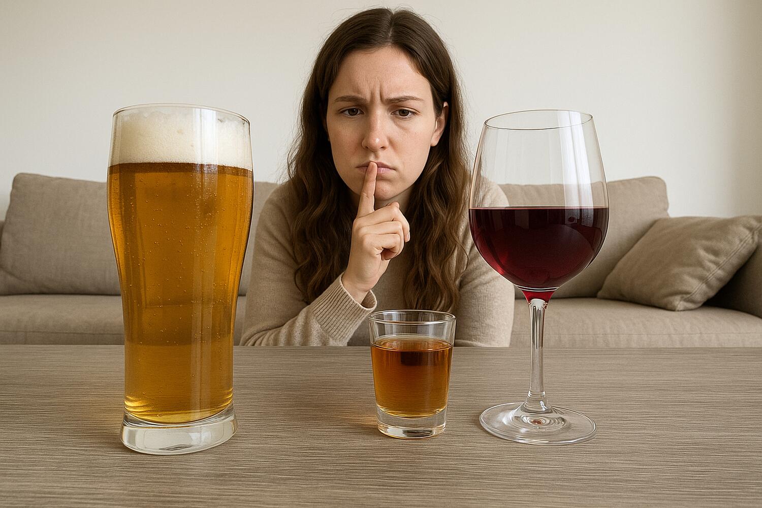 Ragazza in dubbio tra vino, birra e superalcolico.