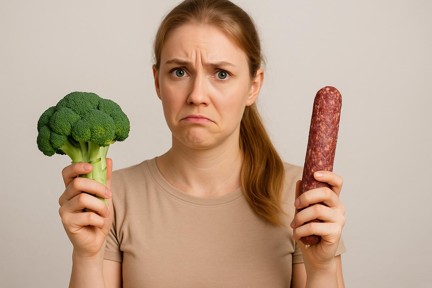 Ragazza con in mano un broccolo e un salame; sguardo perplesso