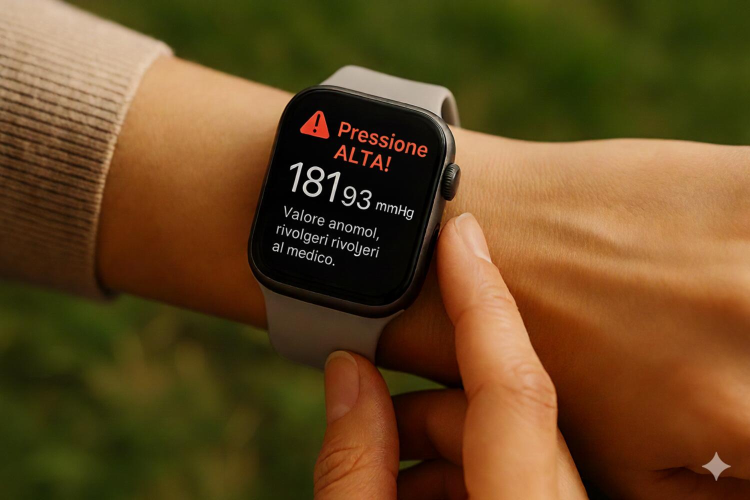 Smartwatch che segna un valore di pressione alta