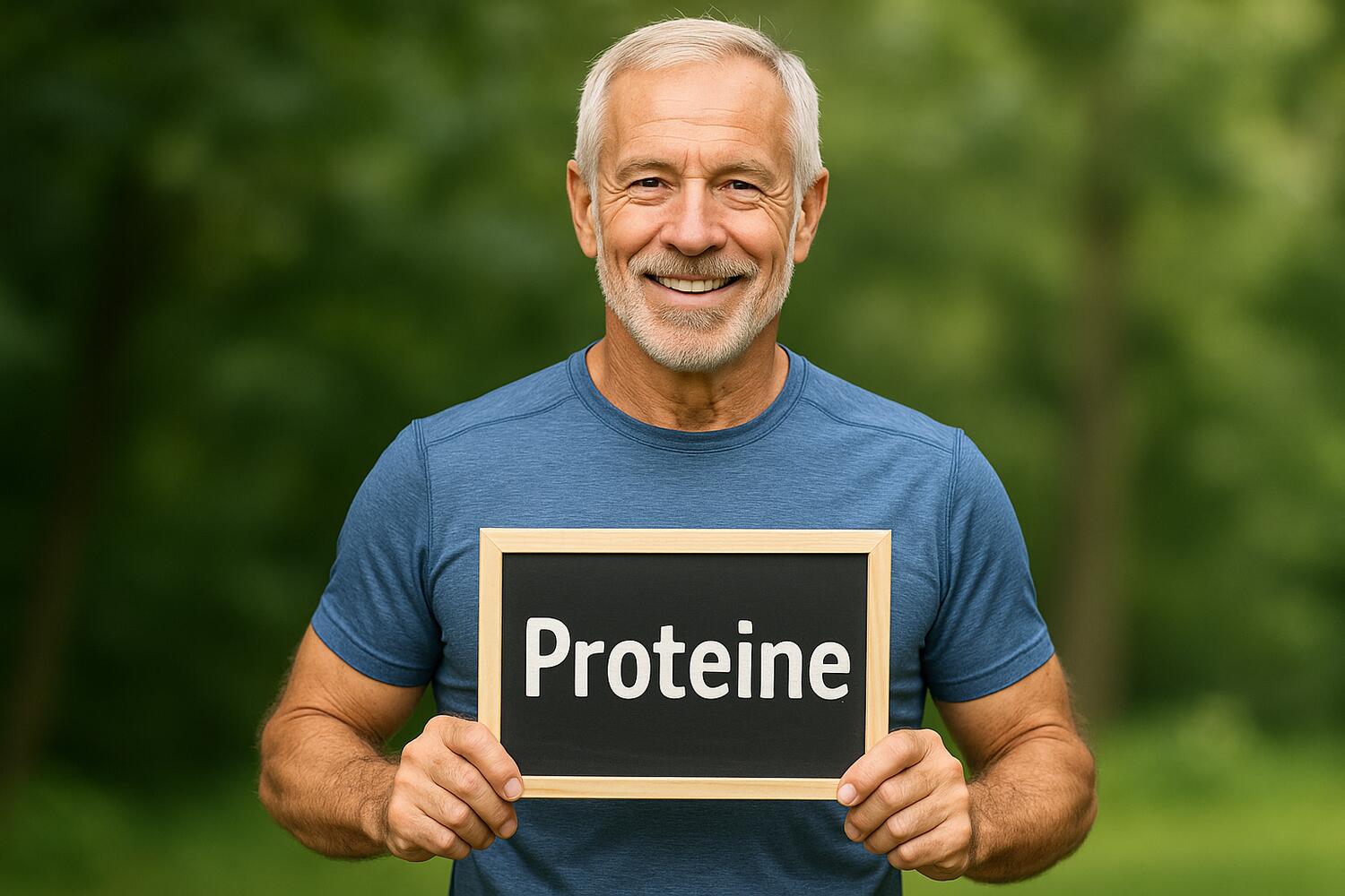 Uomo che regge una lavagnetta con la scritta "Proteine"