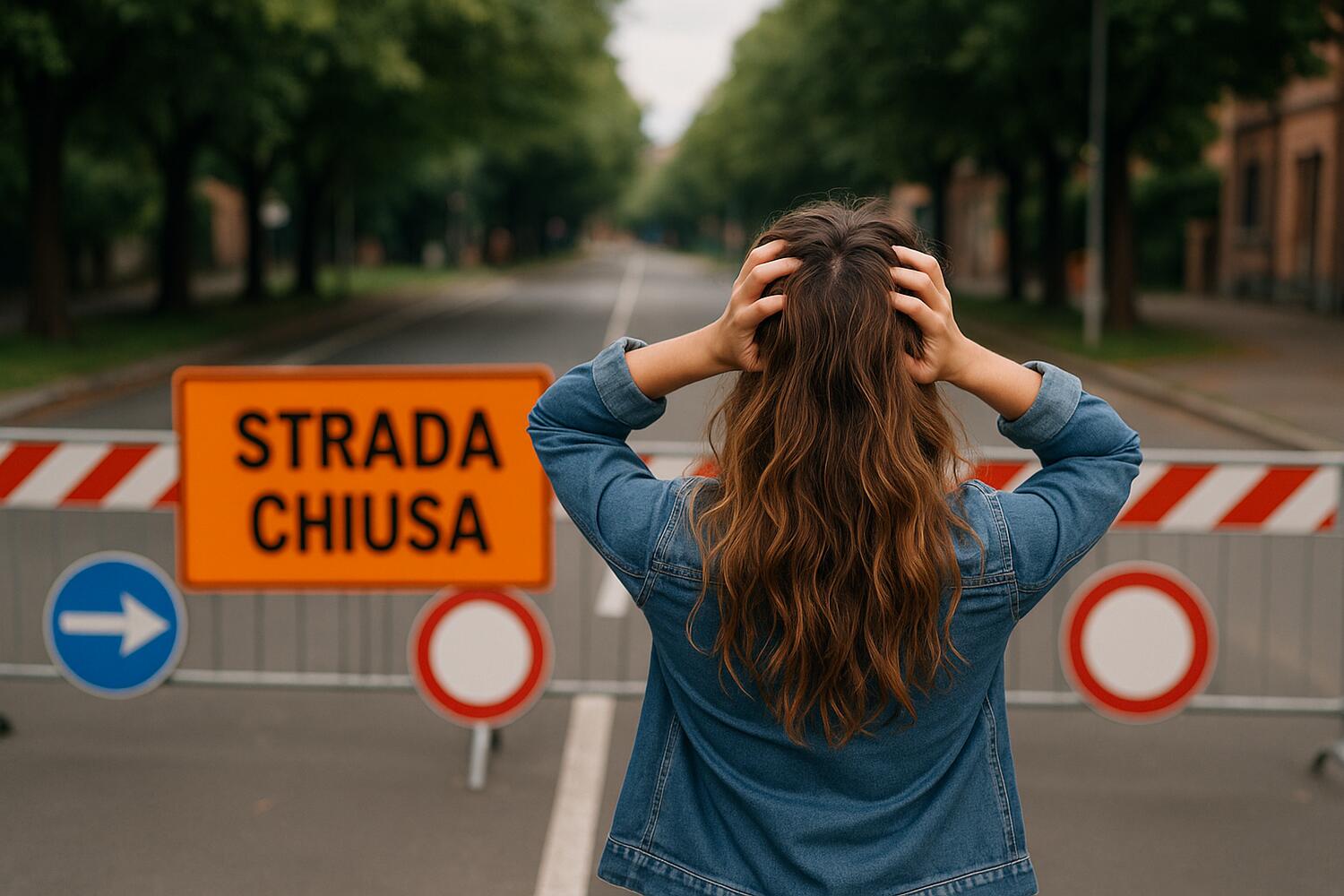 Ragazza disperata di fronte a una strada chiusa
