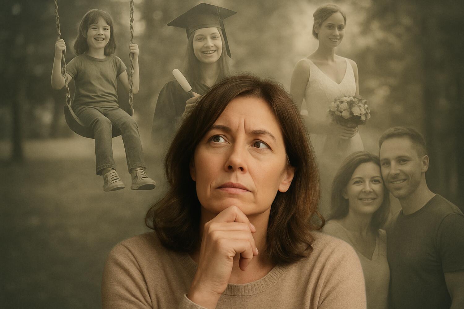 Donna pensierosa; sopra di lei varie immagini della sua vita si fondono insieme a dare l'idea del tempo che scorre.