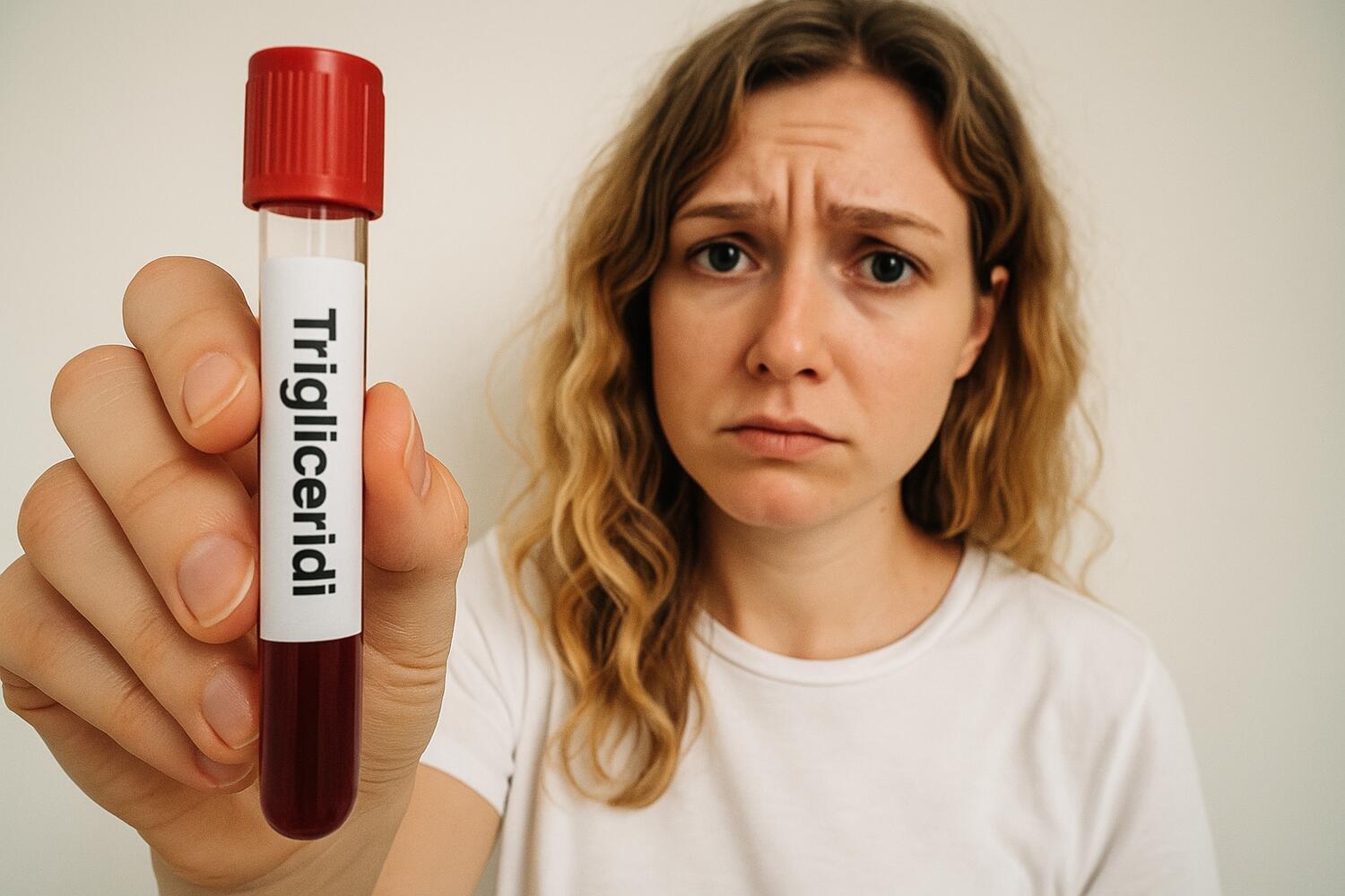 Ragazza bionda con sguardo preoccupato alla camera mentre tiene una provetta di sangue con la scritta "Trigliceridi"