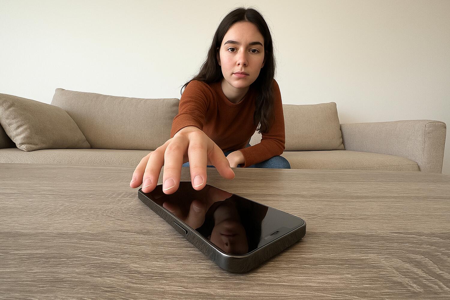 Ragazza che prende il cellulare spento dal tavolino
