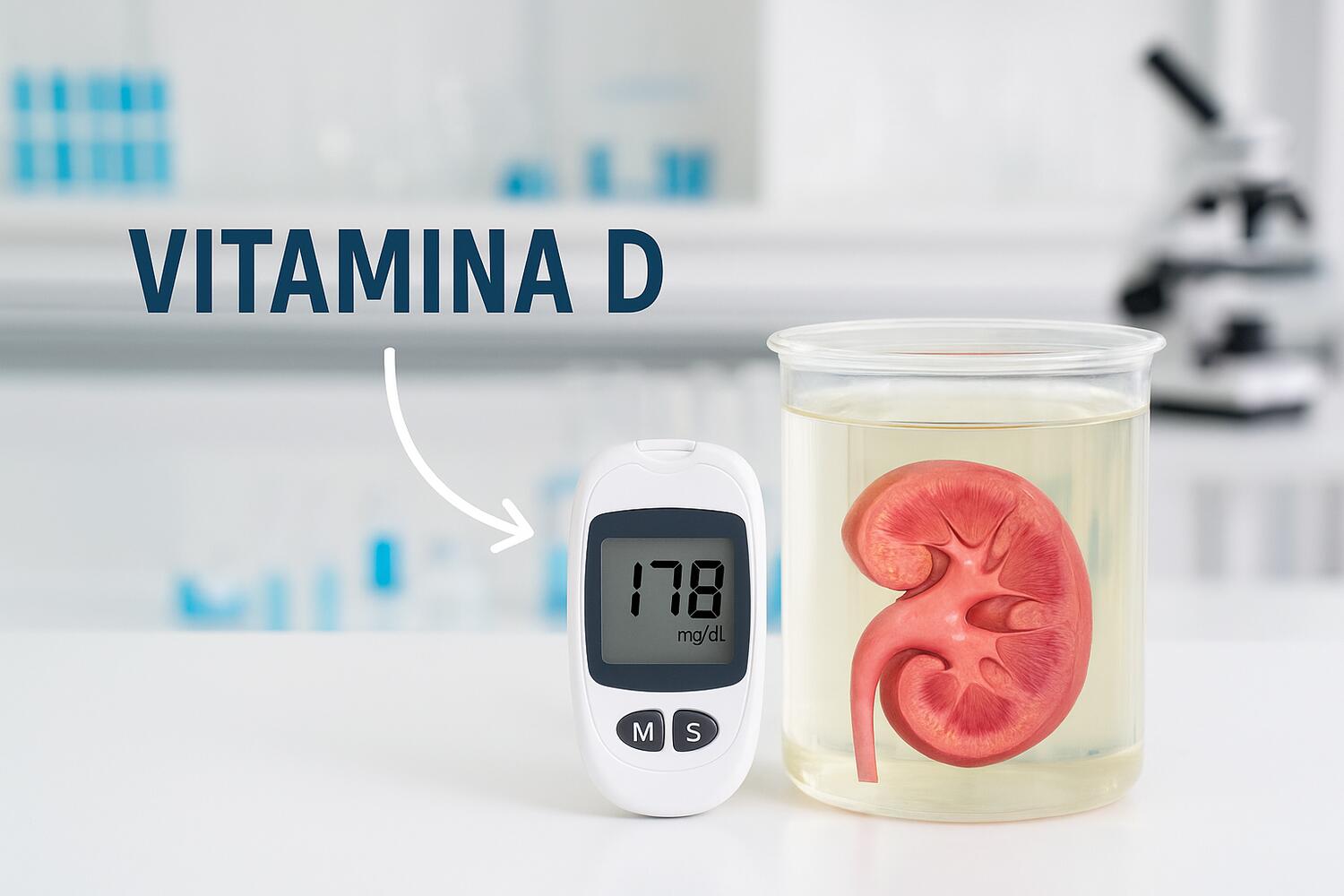 Immagine concettuale con vitamina D, glucometro e rene