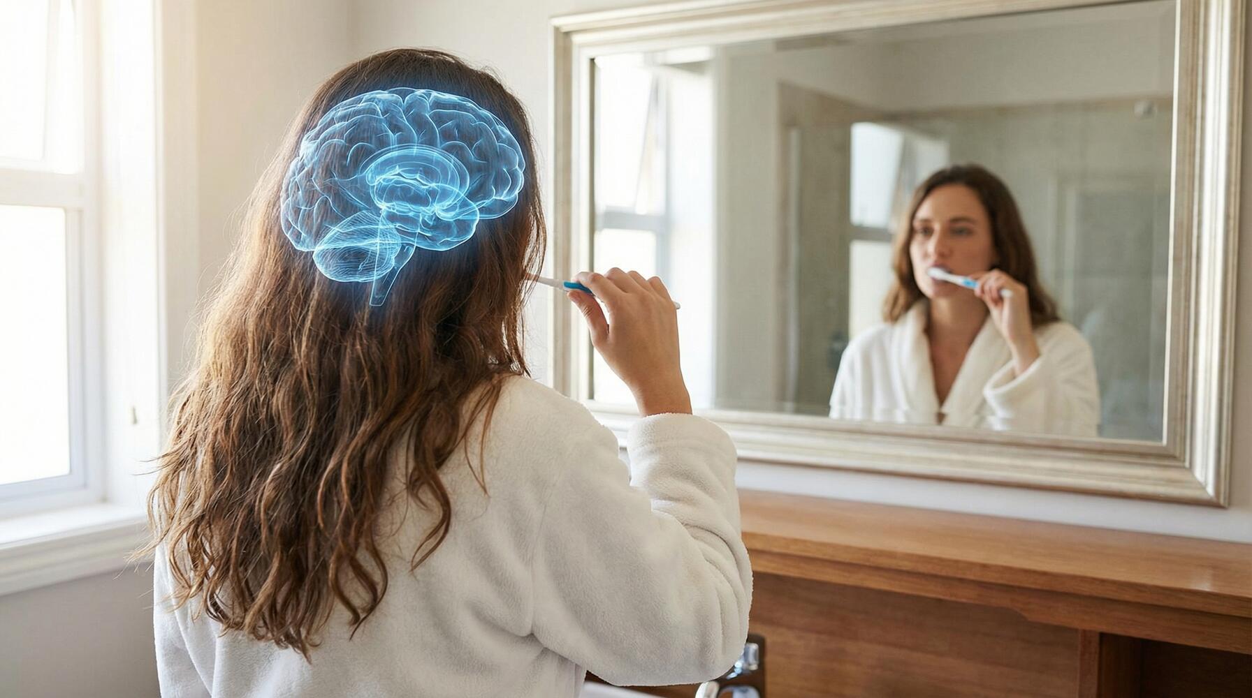 Ragazza vista di spalle di fronte a uno specchio, mentre si sta lavando i denti. Si vede poi il cervello disegnato in sovraimpressione.