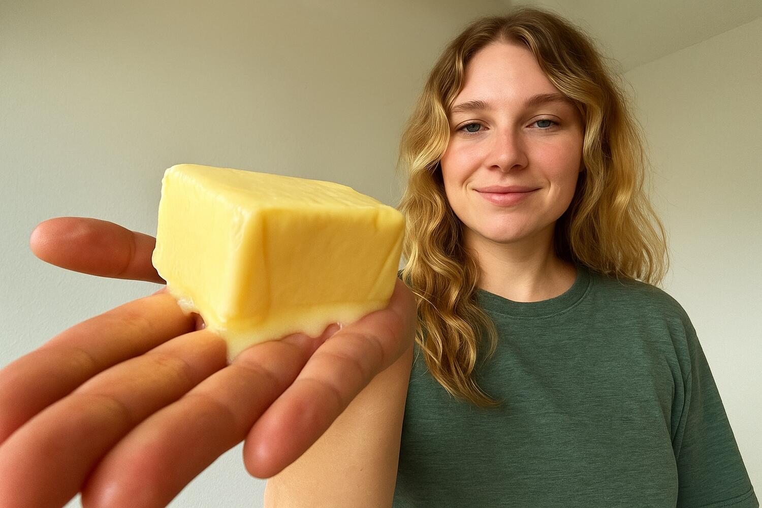 Ragazza che tiene in mano un panetto di burro