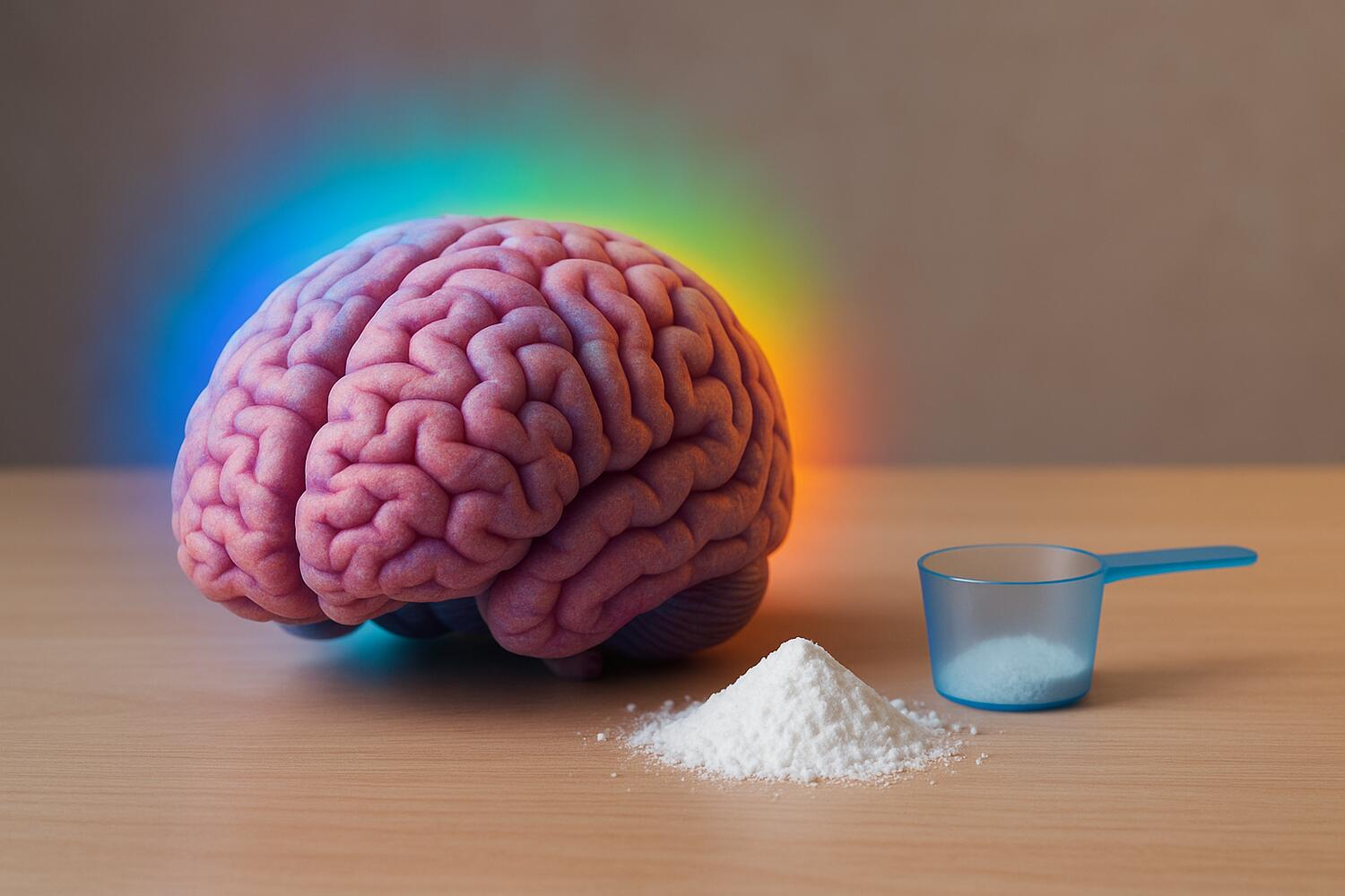 Immagine concettuale con un cervello umano sul tavolo e della creatina a fianco