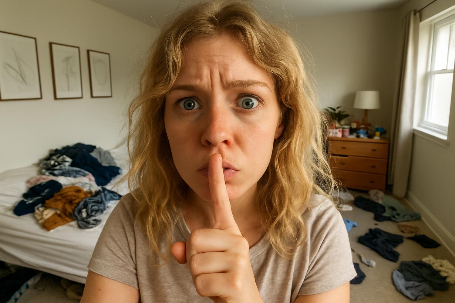 Ragazza con sguardo confuso in una stanza disordinata